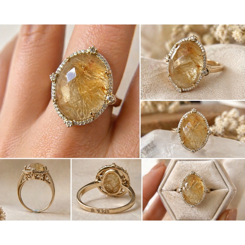 Gold Rutilated Quartz Statement Ring 925 Sterling Silver Oval Halo Size 9